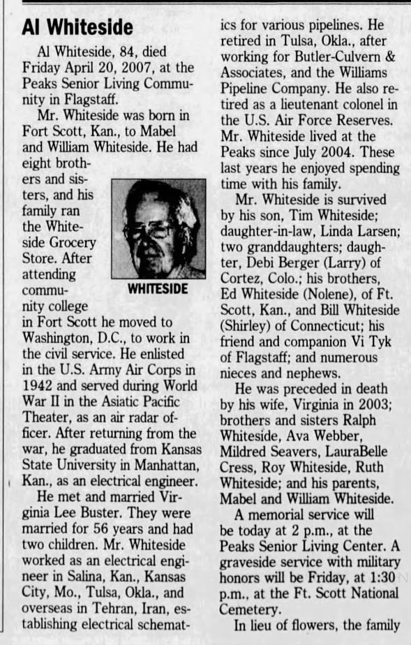 Obituary for Al Whiteside A 1 Whiteside (Aged 84)